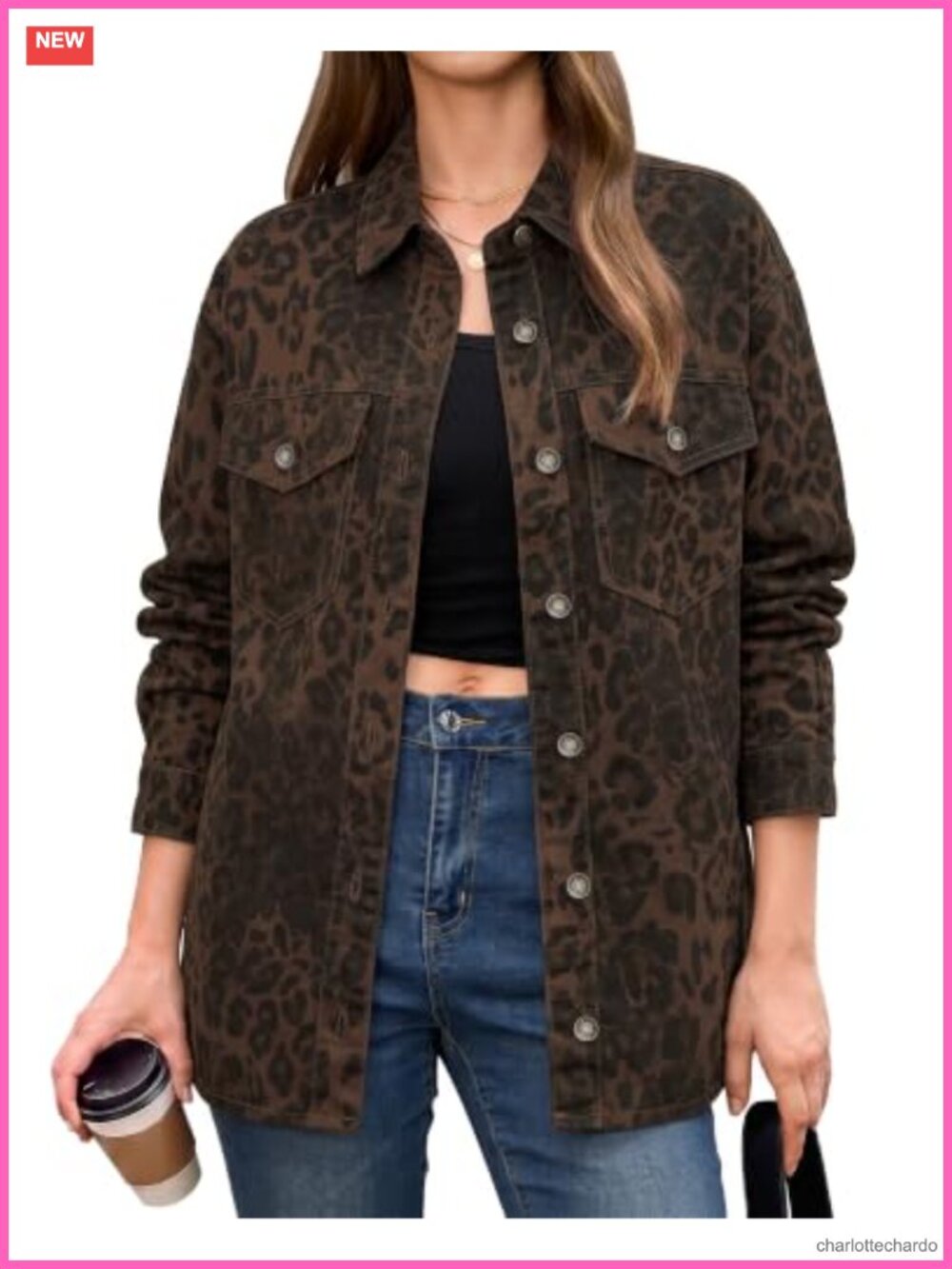 Leopard Print Longline Denim Jacket Women Oversized Button Down